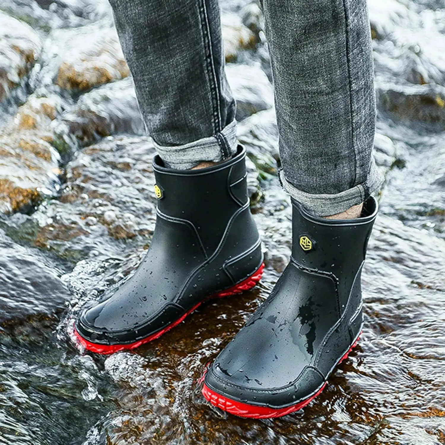 Men's rain boots, waterproof rain boots, mid-calf, fashionable outer water shoes, velvet for warmth, rubber shoes