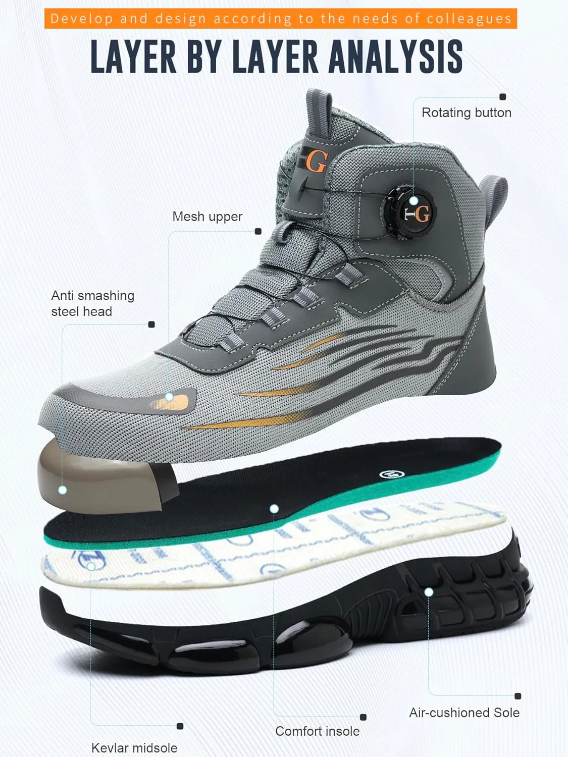 Mens Safety Shoes -Anti-Smashing Steel Toe, Anti-Piercing Midsole, TPU Non-Slip Outsole, Fashionable Reflective Strip Design, Comfortable & Soft Work Boots