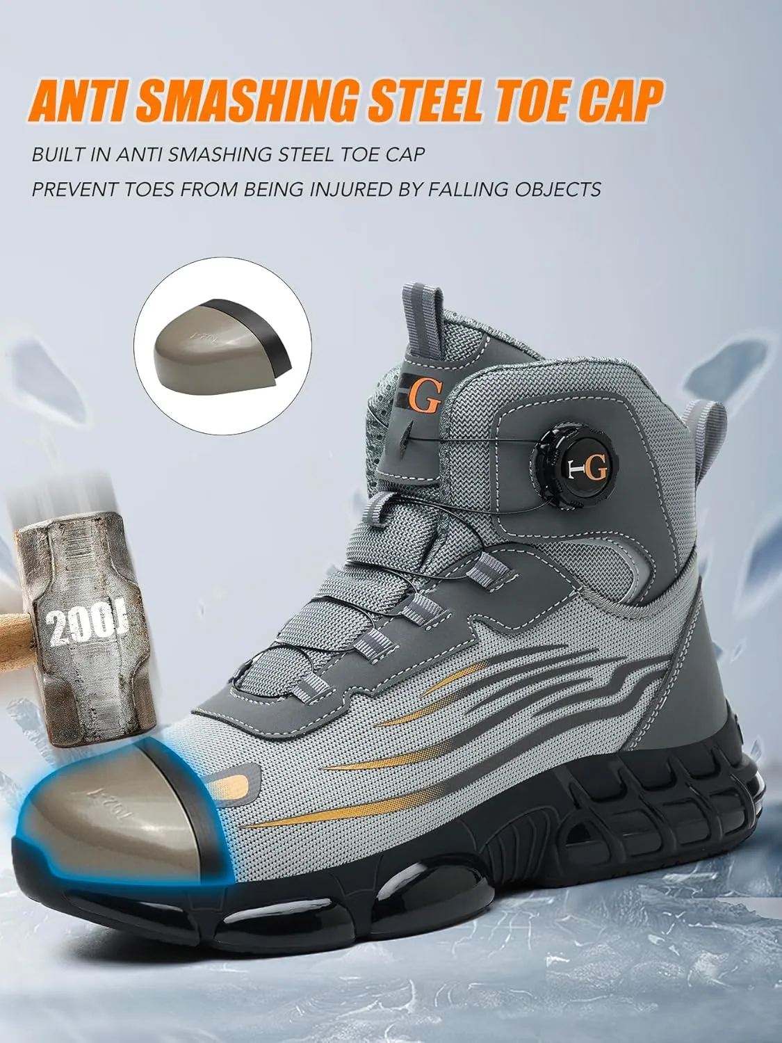 Mens Safety Shoes -Anti-Smashing Steel Toe, Anti-Piercing Midsole, TPU Non-Slip Outsole, Fashionable Reflective Strip Design, Comfortable & Soft Work Boots