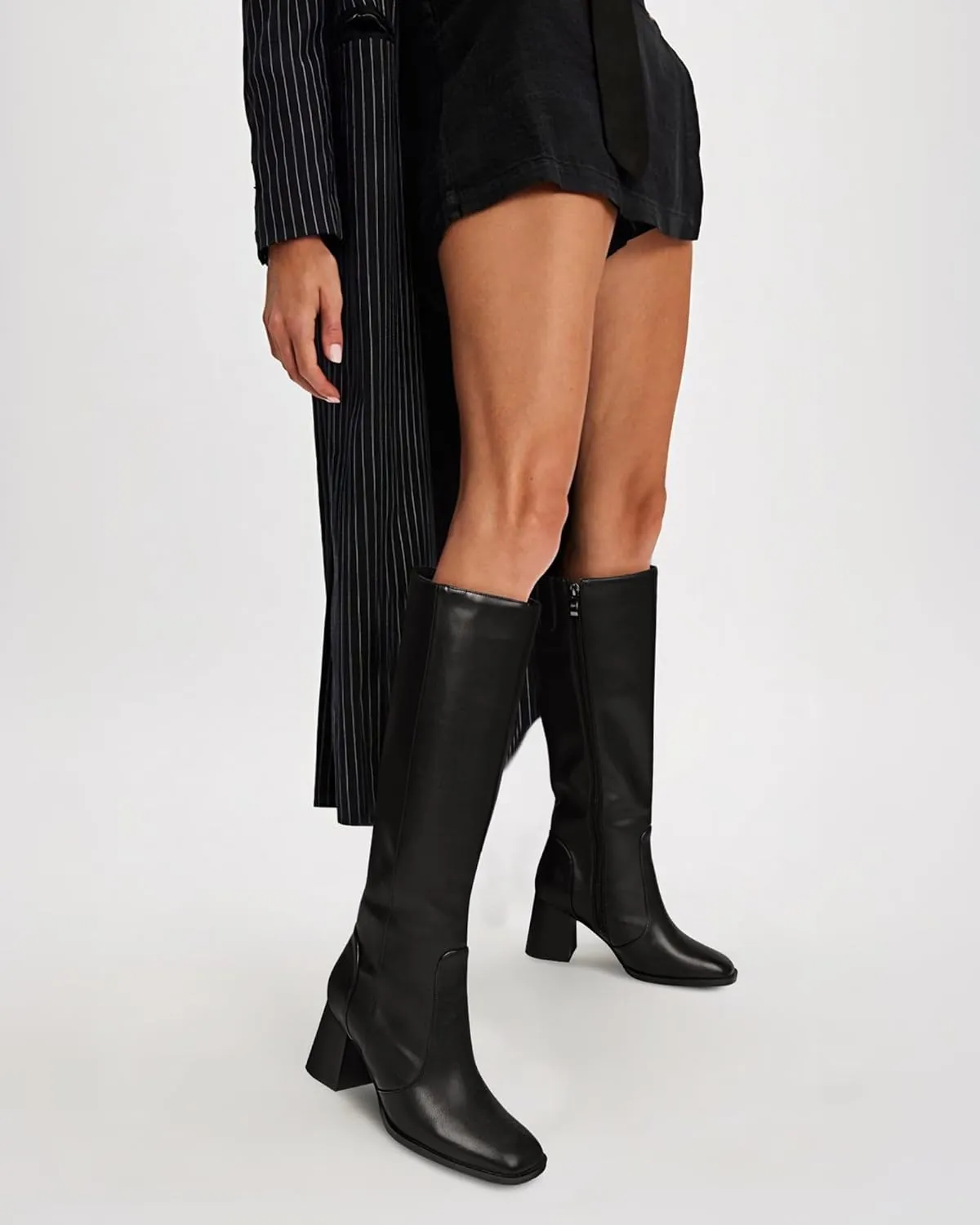 MUCCCUTE Knee High Boots for Women Square Toe Chunky Heel Side Zipper Rhinestone Sparkly Fashion Tall Long Boots for Ladies
