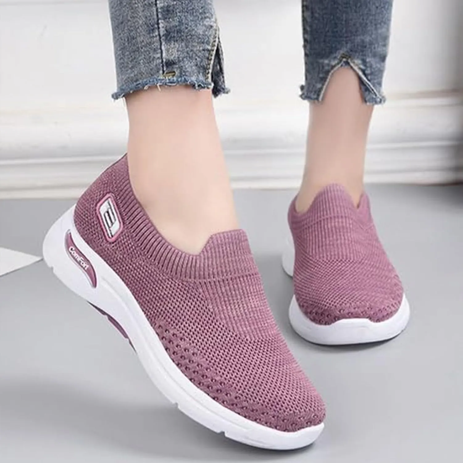 Orthopedic Sneakers for Women Breathable Lightweight Arch Support Air Cushion Slip on Walking Shoes Non Slip Soft Knitted Work Shoes