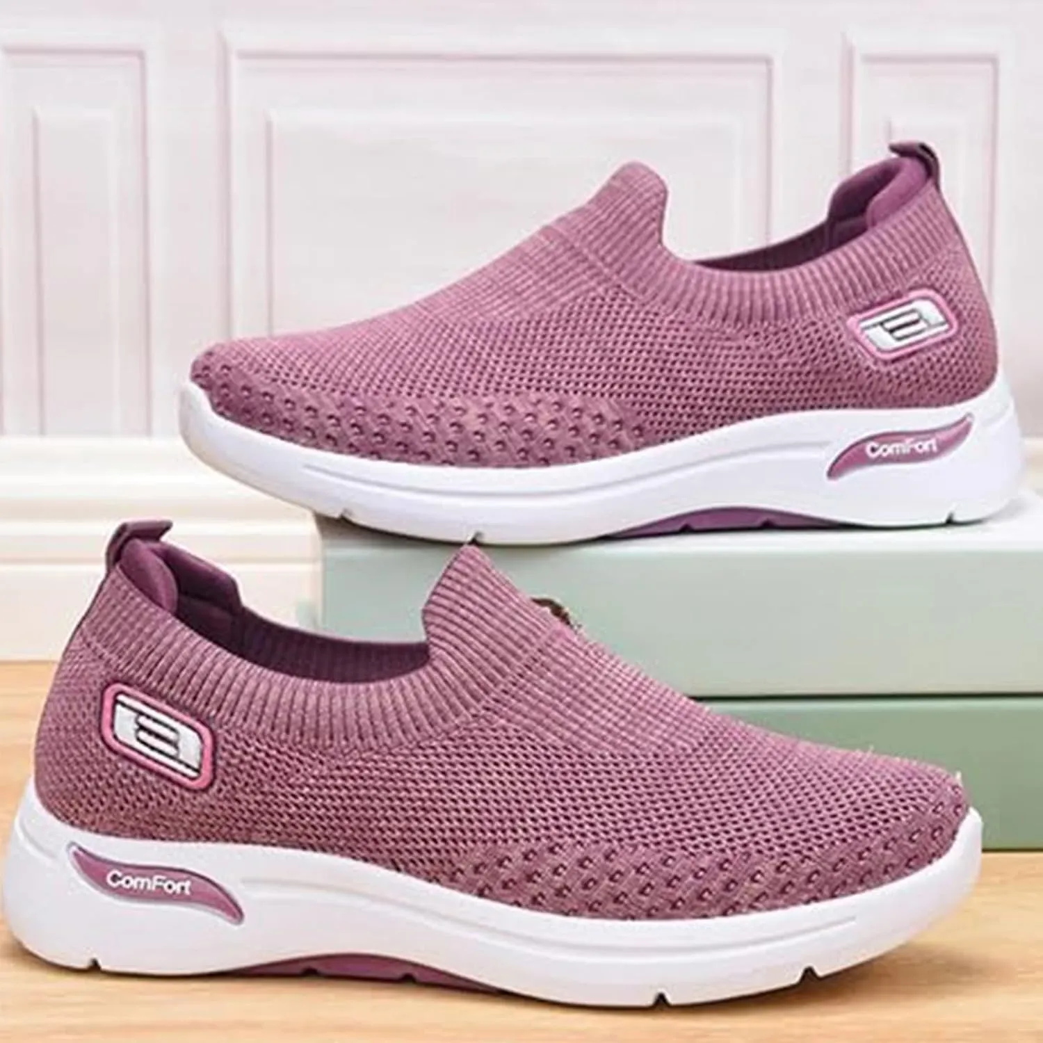 Orthopedic Sneakers for Women Breathable Lightweight Arch Support Air Cushion Slip on Walking Shoes Non Slip Soft Knitted Work Shoes