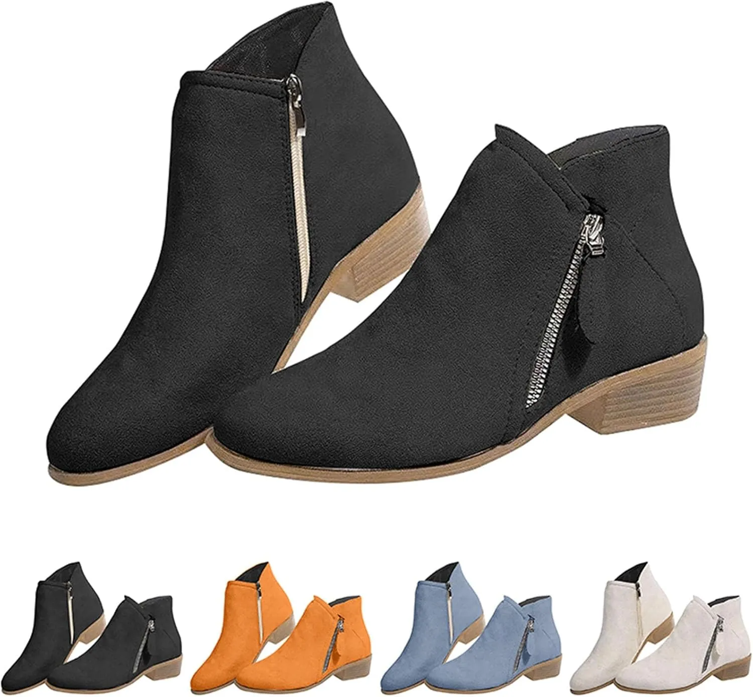 Platform Boots for Women Ankle Womens Booties Fall Womens Cowboy Boots Short Womens Bootie Round Toe Solid Color Comfy Casual Slip on Pointed Toe Leather Casual
