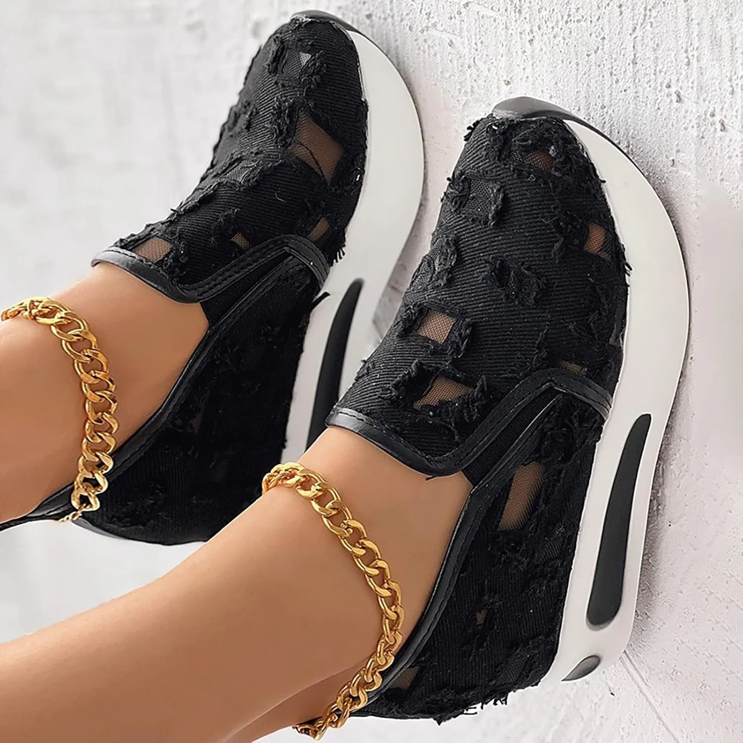 Platform Sneakers for Women Embroidery Floral Breathable Fashion Sneakers Wide Width Chunky Sole Shoes Comfortable Walking Shoes Non Slip Loafers