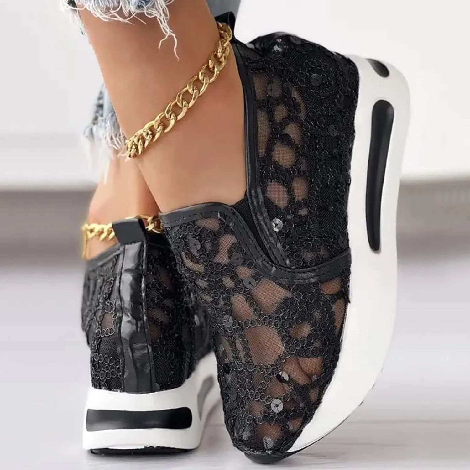 Platform Wedge Sneakers for Women Floral Embroidery Mesh Slip-On Breathable Non-Slip Arch Support Lace Chunky Sole Hidden High Heels