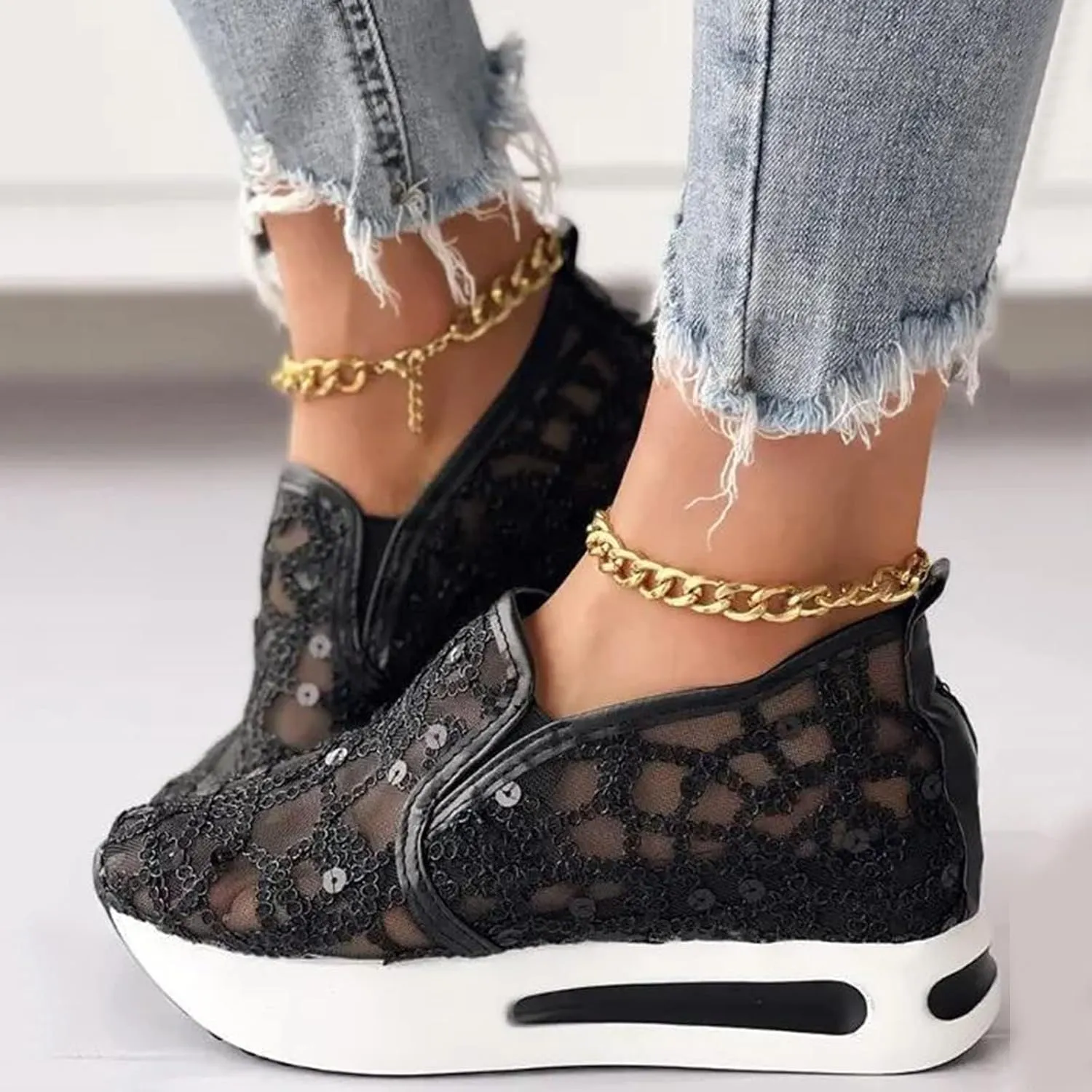 Platform Wedge Sneakers for Women Floral Embroidery Mesh Slip-On Breathable Non-Slip Arch Support Lace Chunky Sole Hidden High Heels