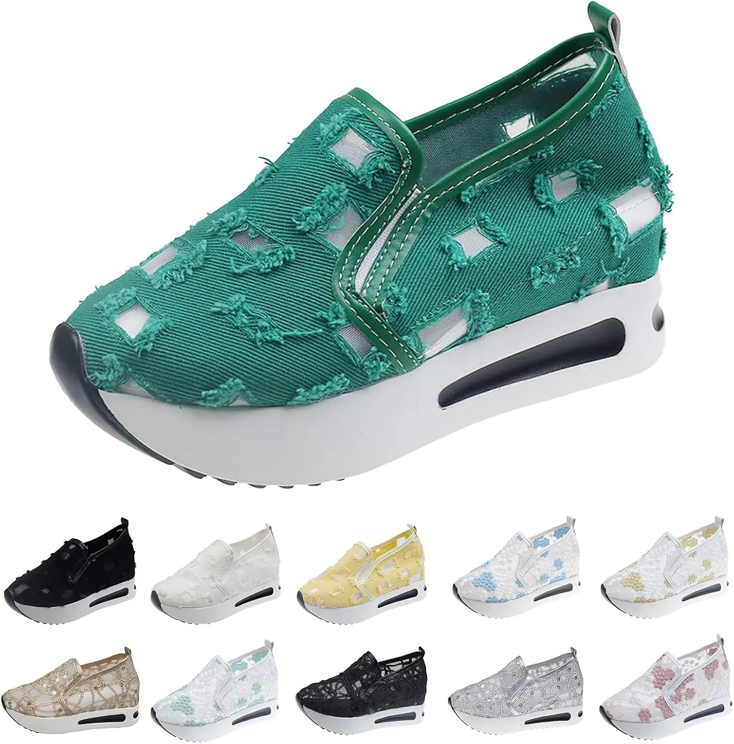 Platform Wedge Sneakers for Women Floral Embroidery Mesh Slip-On Breathable Non-Slip Arch Support Lace Chunky Sole Hidden High Heels