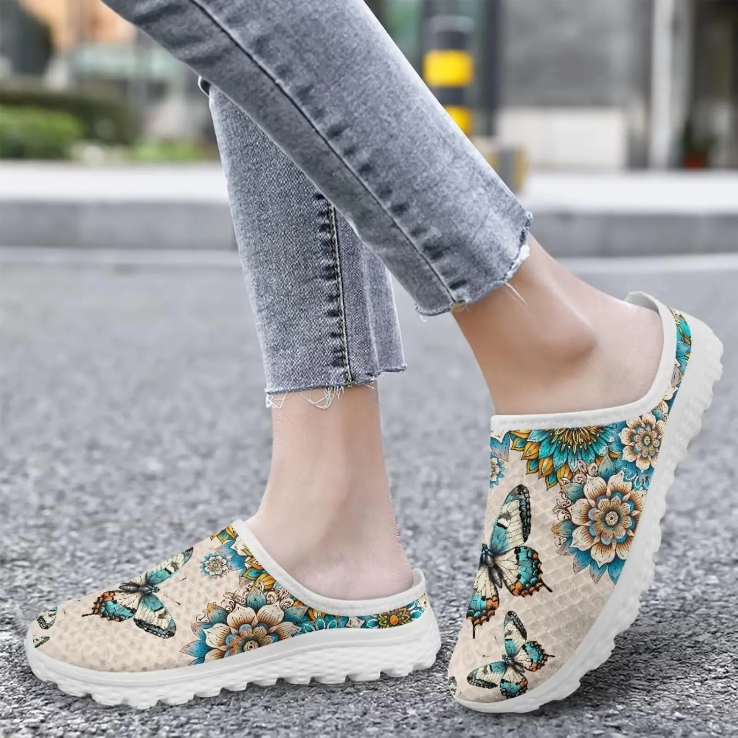 Printed Mules for Women Flats Pointed Toe Loafer Shoes Kint Mesh Clog Slippers Daily Footwear