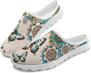 Printed Mules for Women Flats Pointed Toe Loafer Shoes Kint Mesh Clog Slippers Daily Footwear