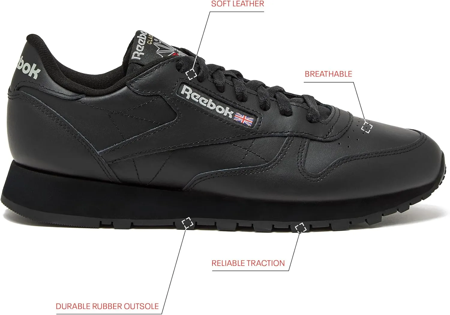Reebok Classic Leather Sneakers for Men - Black or White Tennis Mens Shoes Size 6 to 18