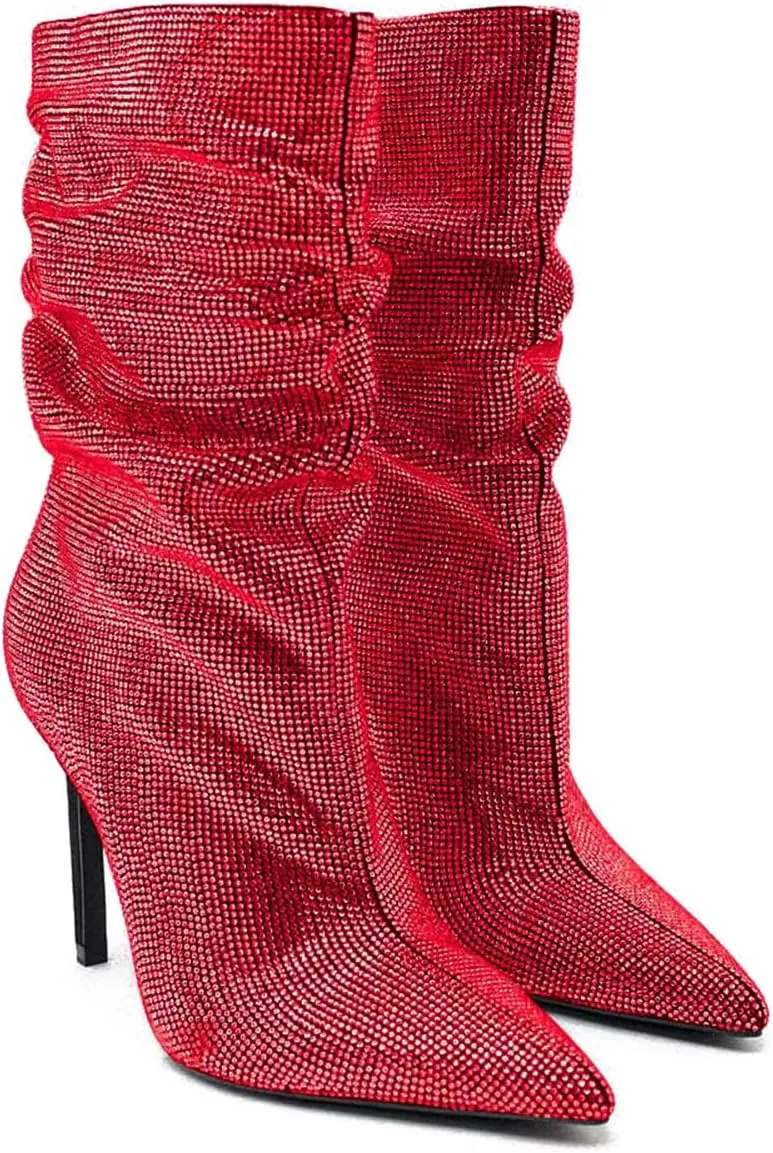 SHODENSE Sexy Rhinestone Boots Women Pleated Mid Calf Boots Stiletto High Heel Pointed Toe Glitter Ankle Boots Pull On Slouchy Sparkly Short Boots Slouch Booties Girls Party Wedding Fall 4-10 M US