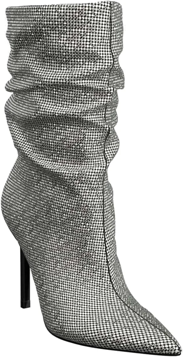 SHODENSE Sexy Rhinestone Boots Women Pleated Mid Calf Boots Stiletto High Heel Pointed Toe Glitter Ankle Boots Pull On Slouchy Sparkly Short Boots Slouch Booties Girls Party Wedding Fall 4-10 M US