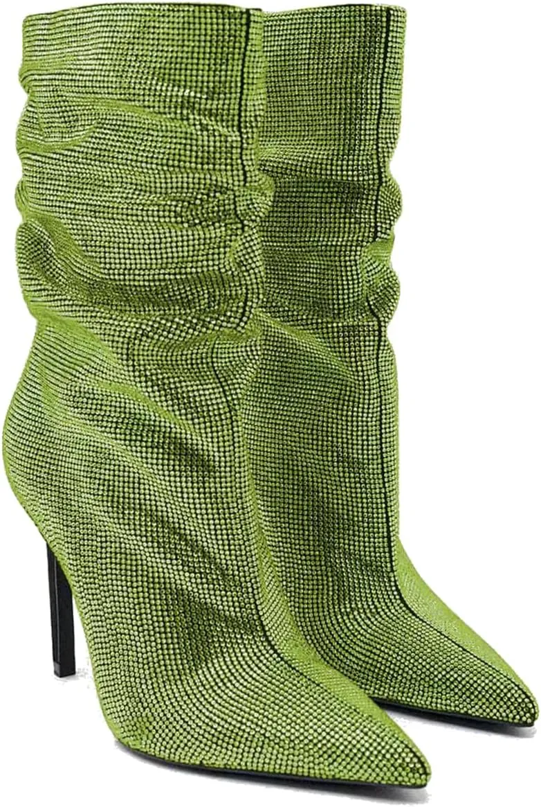SHODENSE Sexy Rhinestone Boots Women Pleated Mid Calf Boots Stiletto High Heel Pointed Toe Glitter Ankle Boots Pull On Slouchy Sparkly Short Boots Slouch Booties Girls Party Wedding Fall 4-10 M US