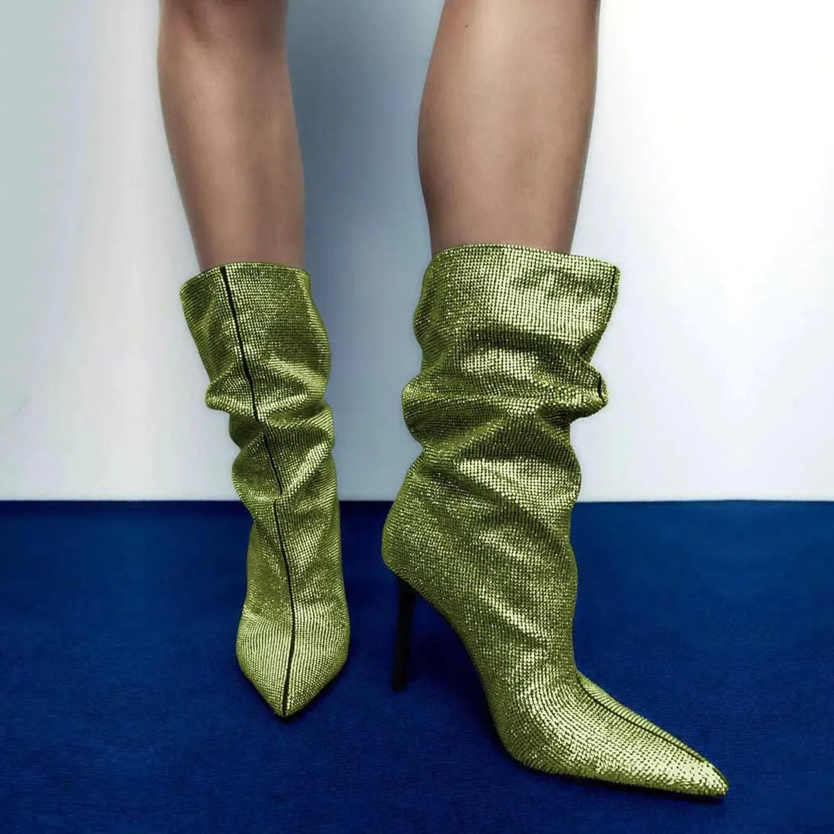 SHODENSE Sexy Rhinestone Boots Women Pleated Mid Calf Boots Stiletto High Heel Pointed Toe Glitter Ankle Boots Pull On Slouchy Sparkly Short Boots Slouch Booties Girls Party Wedding Fall 4-10 M US