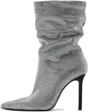 SHODENSE Sexy Rhinestone Boots Women Pleated Mid Calf Boots Stiletto High Heel Pointed Toe Glitter Ankle Boots Pull On Slouchy Sparkly Short Boots Slouch Booties Girls Party Wedding Fall 4-10 M US