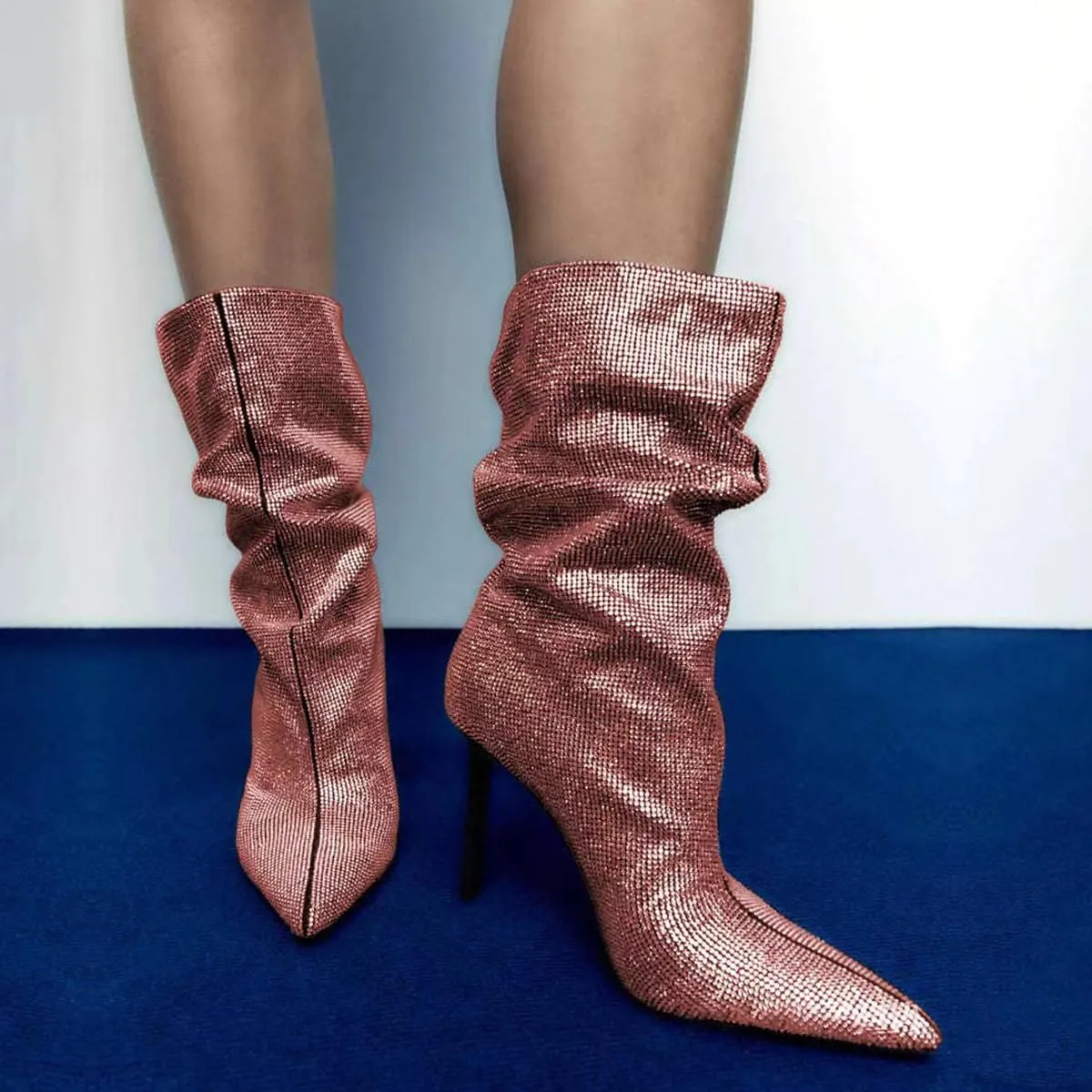 SHODENSE Sexy Rhinestone Boots Women Pleated Mid Calf Boots Stiletto High Heel Pointed Toe Glitter Ankle Boots Pull On Slouchy Sparkly Short Boots Slouch Booties Girls Party Wedding Fall 4-10 M US