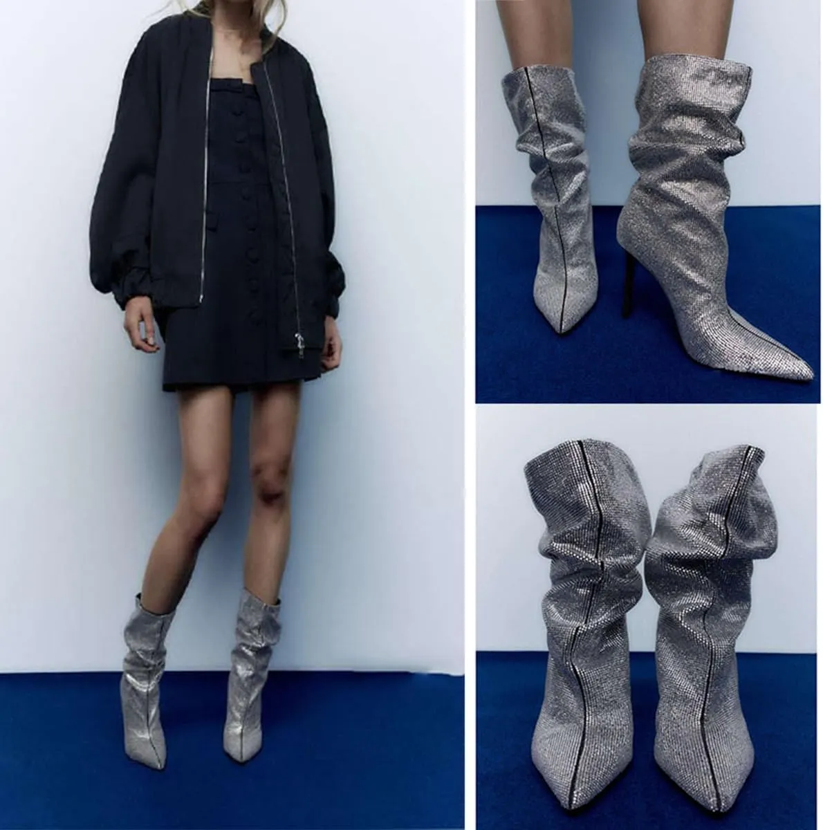 SHODENSE Sexy Rhinestone Boots Women Pleated Mid Calf Boots Stiletto High Heel Pointed Toe Glitter Ankle Boots Pull On Slouchy Sparkly Short Boots Slouch Booties Girls Party Wedding Fall 4-10 M US