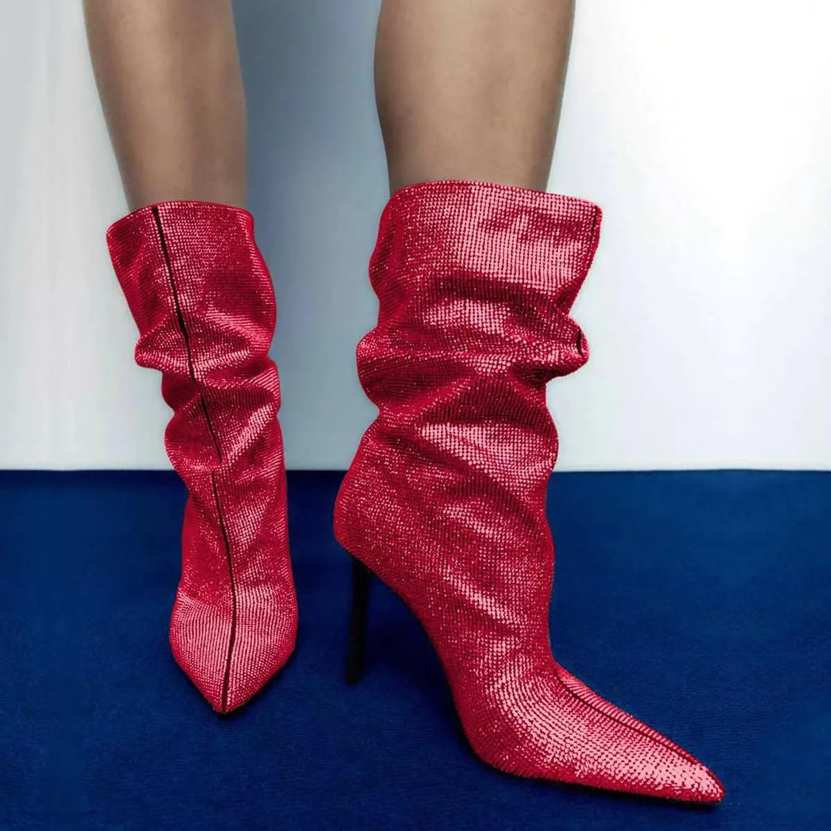 SHODENSE Sexy Rhinestone Boots Women Pleated Mid Calf Boots Stiletto High Heel Pointed Toe Glitter Ankle Boots Pull On Slouchy Sparkly Short Boots Slouch Booties Girls Party Wedding Fall 4-10 M US