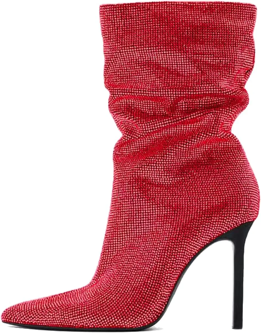 SHODENSE Sexy Rhinestone Boots Women Pleated Mid Calf Boots Stiletto High Heel Pointed Toe Glitter Ankle Boots Pull On Slouchy Sparkly Short Boots Slouch Booties Girls Party Wedding Fall 4-10 M US