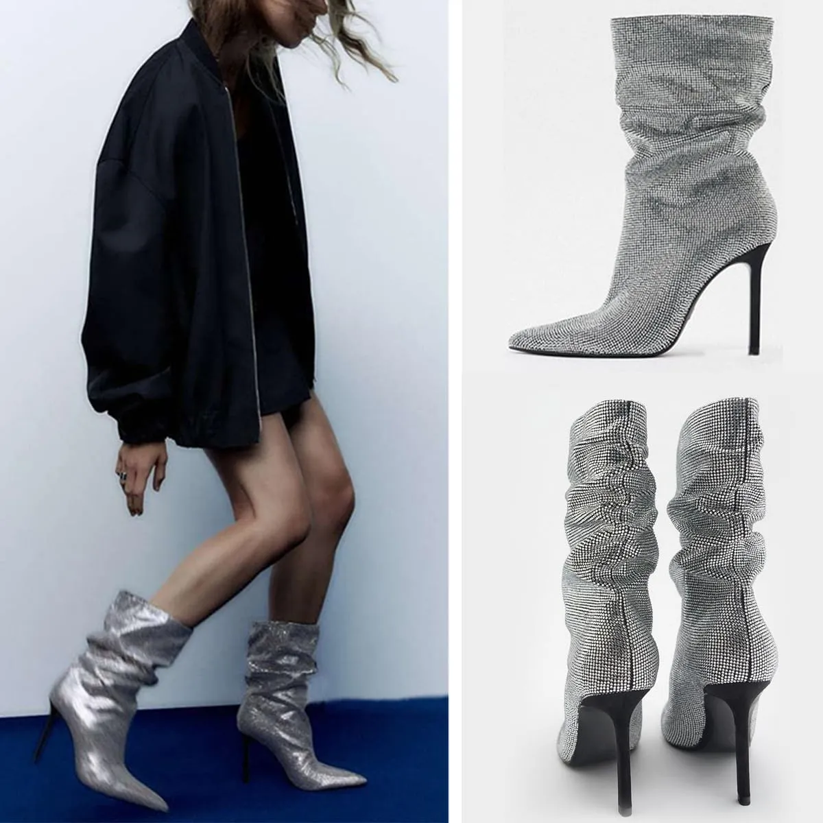 SHODENSE Sexy Rhinestone Boots Women Pleated Mid Calf Boots Stiletto High Heel Pointed Toe Glitter Ankle Boots Pull On Slouchy Sparkly Short Boots Slouch Booties Girls Party Wedding Fall 4-10 M US