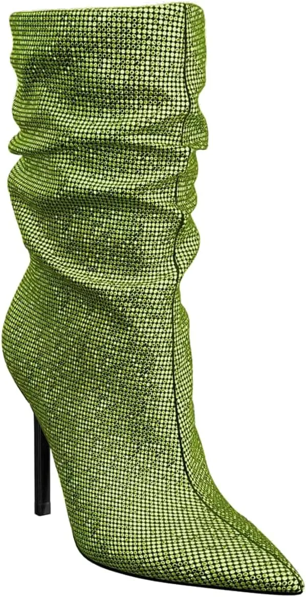 SHODENSE Sexy Rhinestone Boots Women Pleated Mid Calf Boots Stiletto High Heel Pointed Toe Glitter Ankle Boots Pull On Slouchy Sparkly Short Boots Slouch Booties Girls Party Wedding Fall 4-10 M US