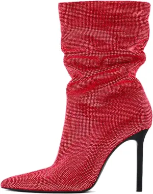 SHODENSE Sexy Rhinestone Boots Women Pleated Mid Calf Boots Stiletto High Heel Pointed Toe Glitter Ankle Boots Pull On Slouchy Sparkly Short Boots Slouch Booties Girls Party Wedding Fall 4-10 M US