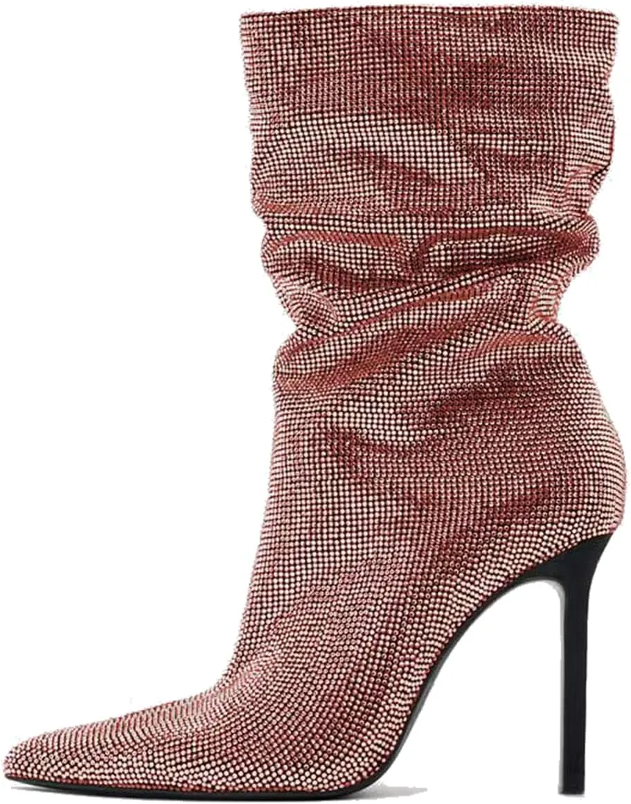 SHODENSE Sexy Rhinestone Boots Women Pleated Mid Calf Boots Stiletto High Heel Pointed Toe Glitter Ankle Boots Pull On Slouchy Sparkly Short Boots Slouch Booties Girls Party Wedding Fall 4-10 M US