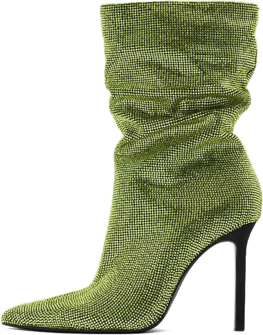 SHODENSE Sexy Rhinestone Boots Women Pleated Mid Calf Boots Stiletto High Heel Pointed Toe Glitter Ankle Boots Pull On Slouchy Sparkly Short Boots Slouch Booties Girls Party Wedding Fall 4-10 M US