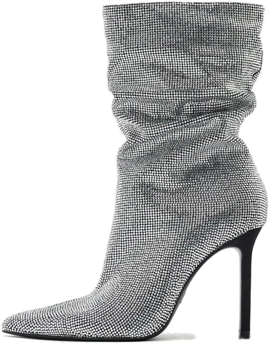 SHODENSE Sexy Rhinestone Boots Women Pleated Mid Calf Boots Stiletto High Heel Pointed Toe Glitter Ankle Boots Pull On Slouchy Sparkly Short Boots Slouch Booties Girls Party Wedding Fall 4-10 M US
