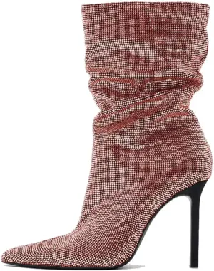 SHODENSE Sexy Rhinestone Boots Women Pleated Mid Calf Boots Stiletto High Heel Pointed Toe Glitter Ankle Boots Pull On Slouchy Sparkly Short Boots Slouch Booties Girls Party Wedding Fall 4-10 M US