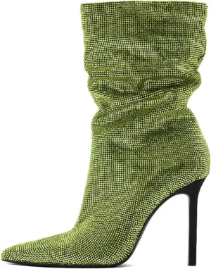 SHODENSE Sexy Rhinestone Boots Women Pleated Mid Calf Boots Stiletto High Heel Pointed Toe Glitter Ankle Boots Pull On Slouchy Sparkly Short Boots Slouch Booties Girls Party Wedding Fall 4-10 M US