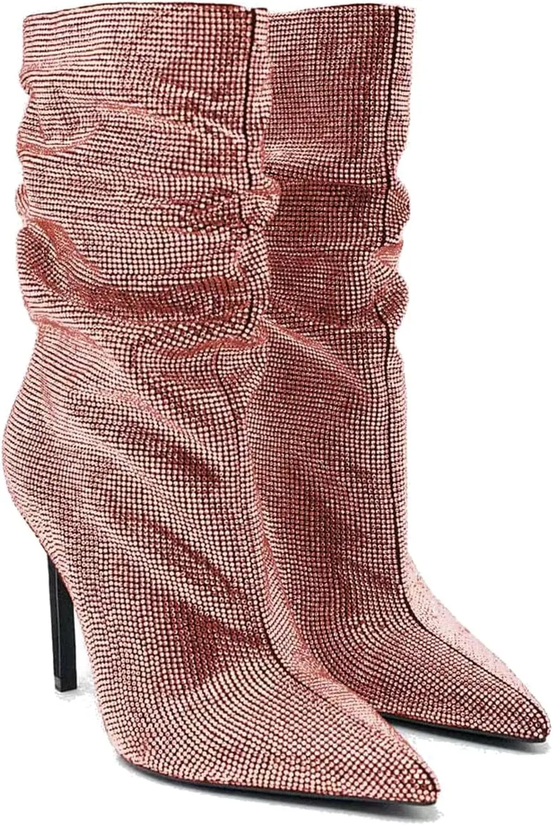 SHODENSE Sexy Rhinestone Boots Women Pleated Mid Calf Boots Stiletto High Heel Pointed Toe Glitter Ankle Boots Pull On Slouchy Sparkly Short Boots Slouch Booties Girls Party Wedding Fall 4-10 M US