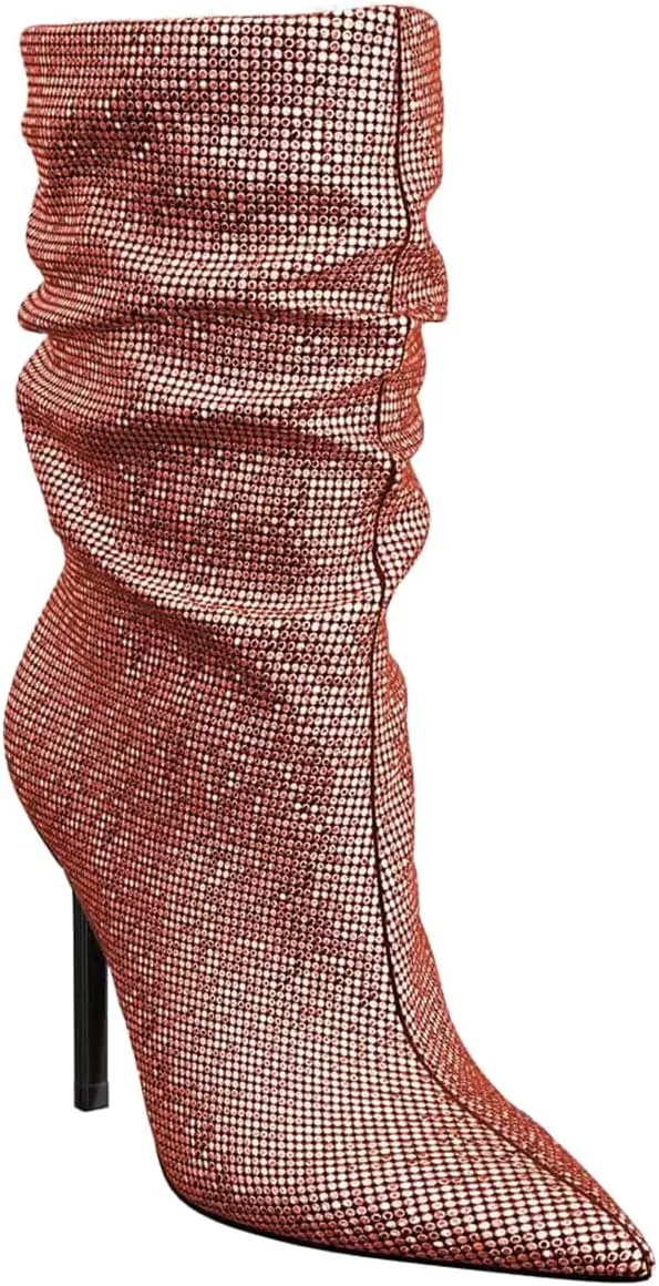 SHODENSE Sexy Rhinestone Boots Women Pleated Mid Calf Boots Stiletto High Heel Pointed Toe Glitter Ankle Boots Pull On Slouchy Sparkly Short Boots Slouch Booties Girls Party Wedding Fall 4-10 M US