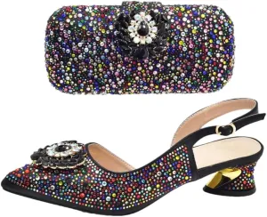 Shoe and Bag Set for Party Women Elegant Buckle Strap Rhinestone Decorated Pointed Toe Medium Heel