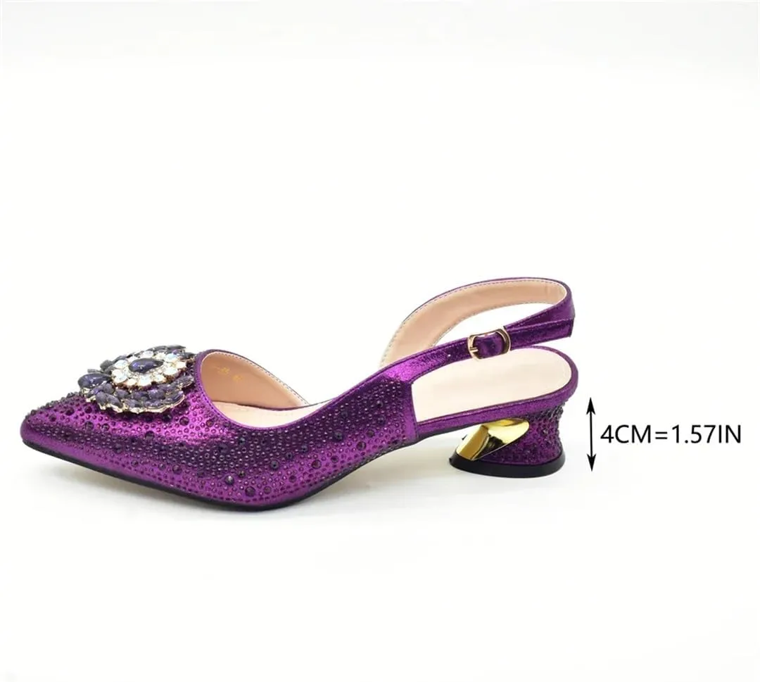 Shoe and Bag Set for Party Women Elegant Buckle Strap Rhinestone Decorated Pointed Toe Medium Heel