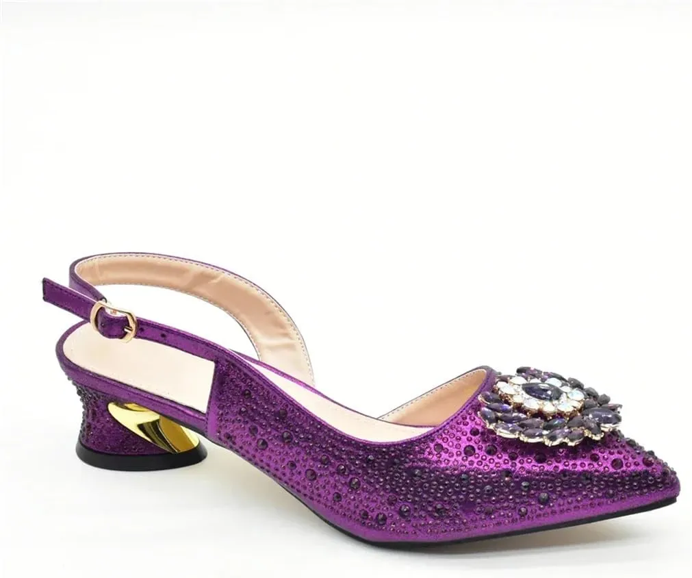 Shoe and Bag Set for Party Women Elegant Buckle Strap Rhinestone Decorated Pointed Toe Medium Heel