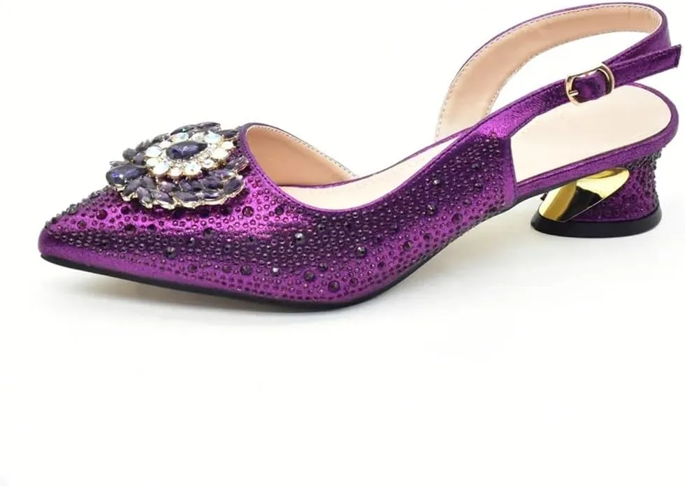 Shoe and Bag Set for Party Women Elegant Buckle Strap Rhinestone Decorated Pointed Toe Medium Heel