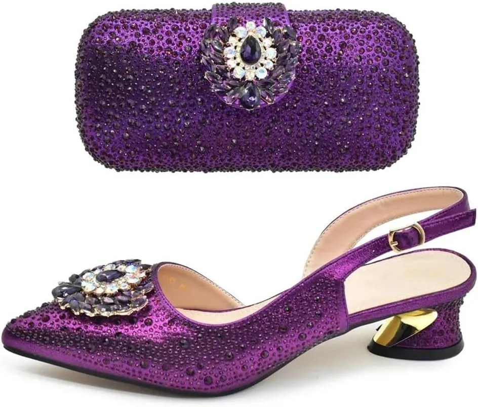 Shoe and Bag Set for Party Women Elegant Buckle Strap Rhinestone Decorated Pointed Toe Medium Heel