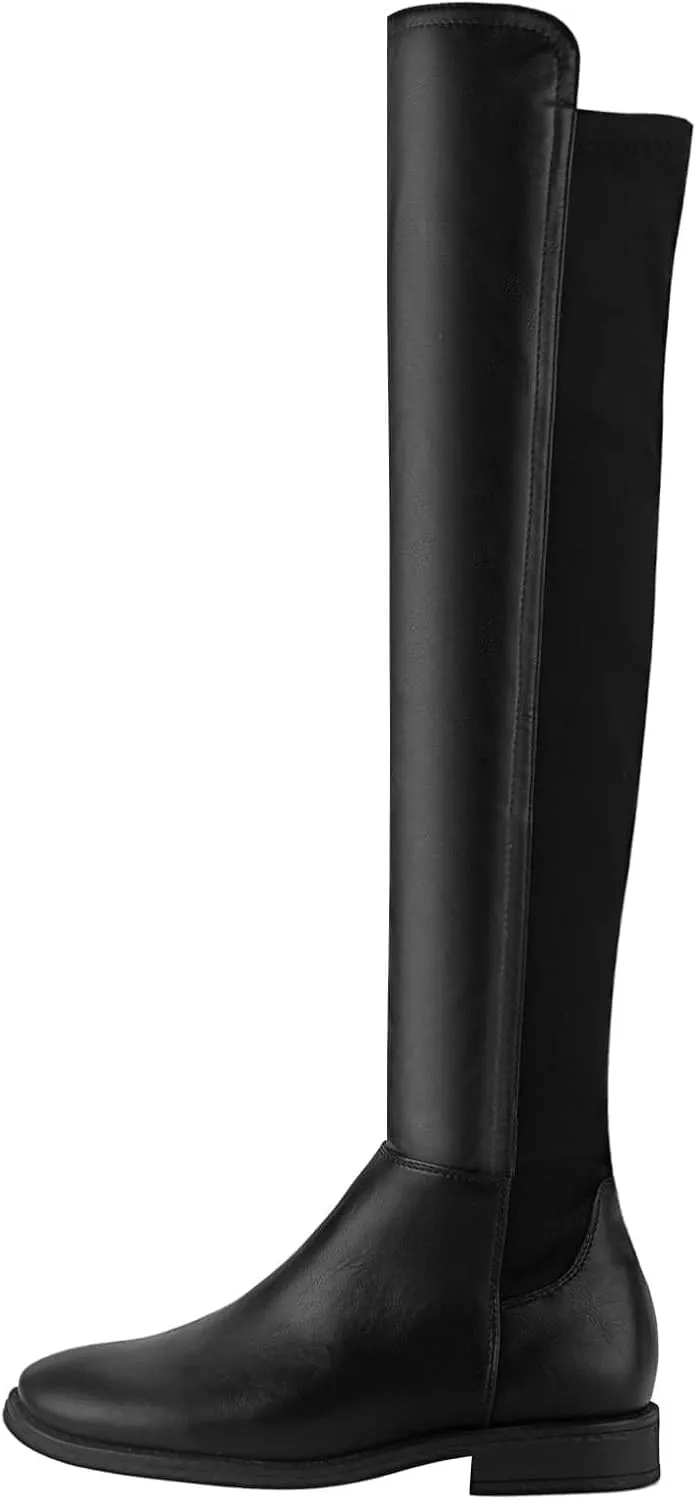 Shoe'N Tale Thigh High Over The Knee Boots for Women Flat Low Heel Fall Winter Stretch Suede Long Round Toe Boots