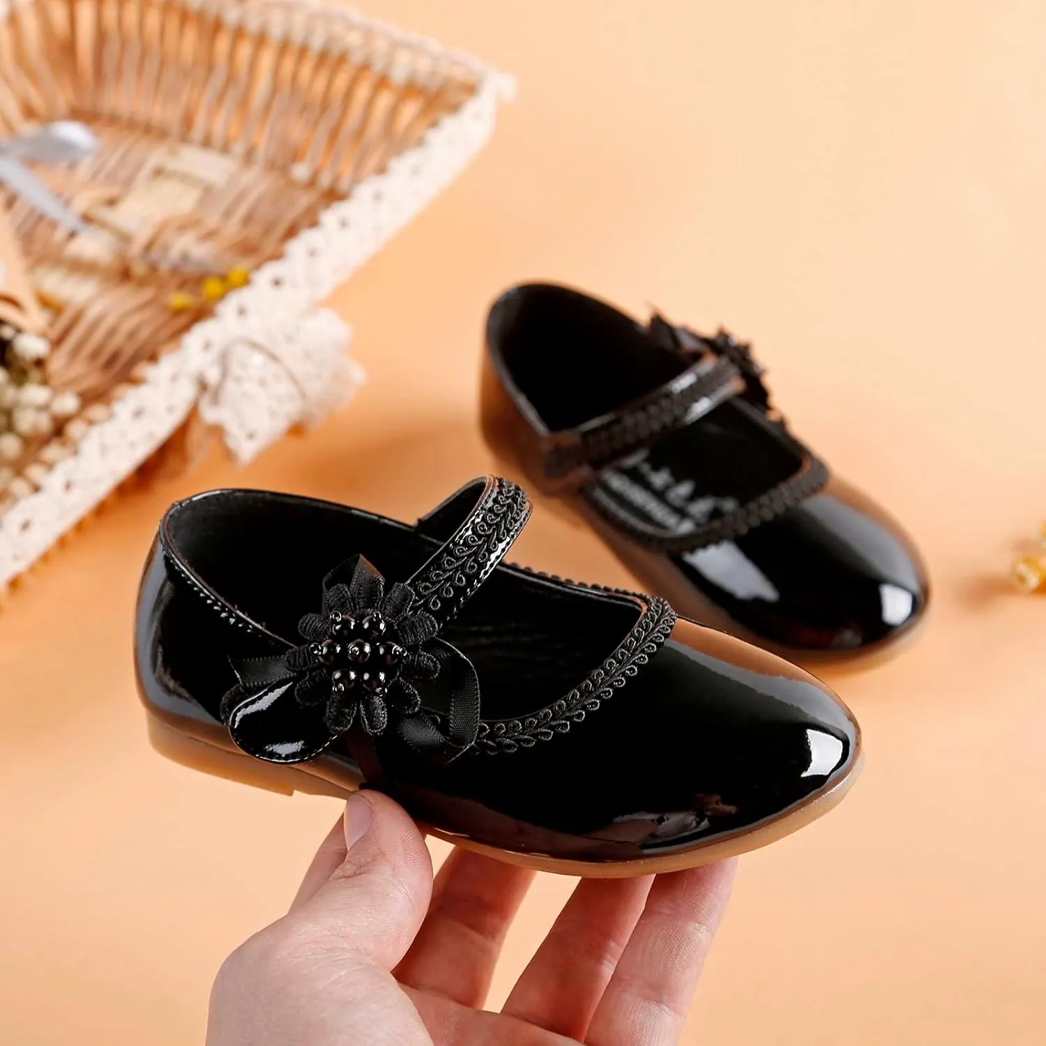 Toddler Girls Floral Ballet Flat Shoes Ballerina Mary Jane Princess Elegant Dress Shoes for Kids Wedding Pary