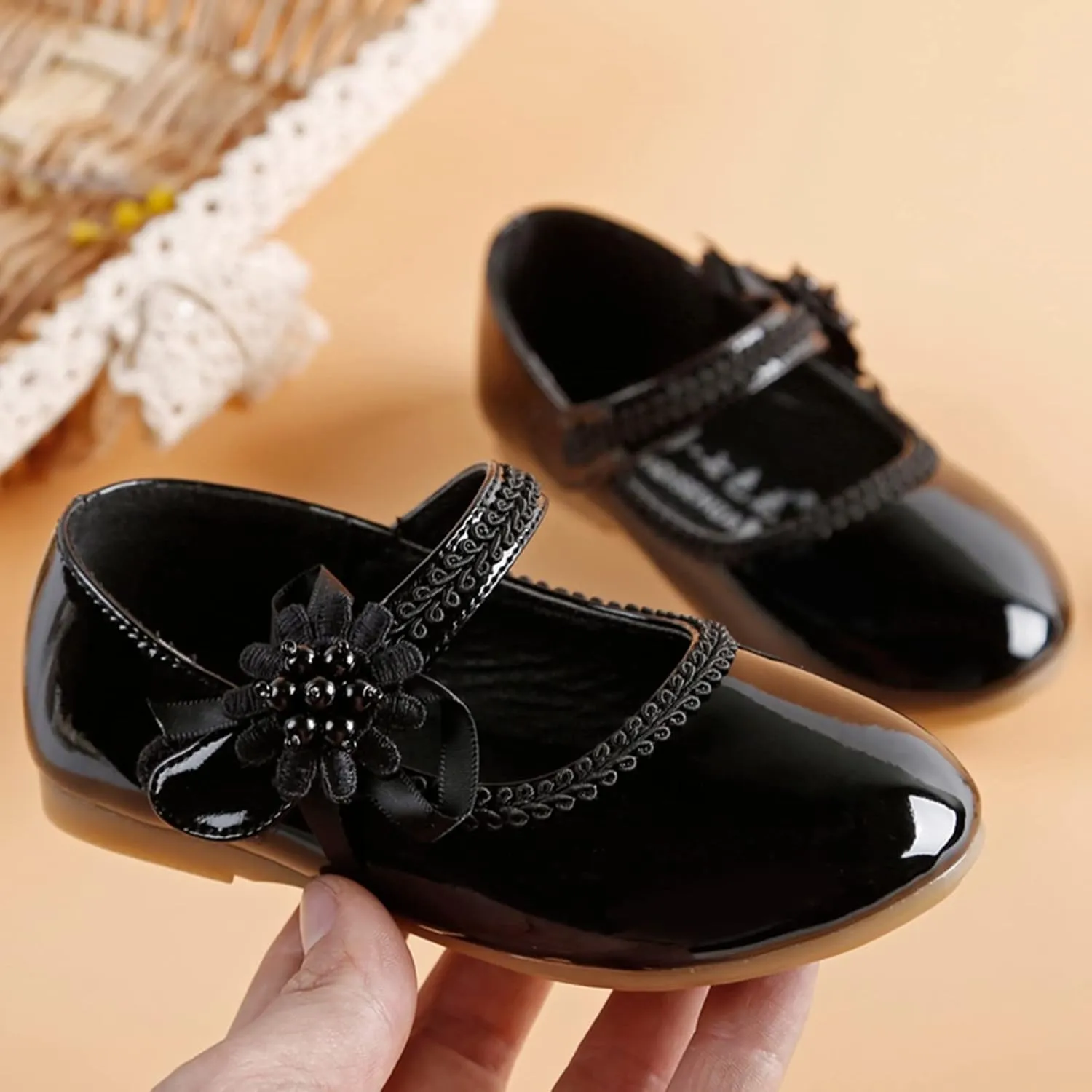 Toddler Girls Floral Ballet Flat Shoes Ballerina Mary Jane Princess Elegant Dress Shoes for Kids Wedding Pary