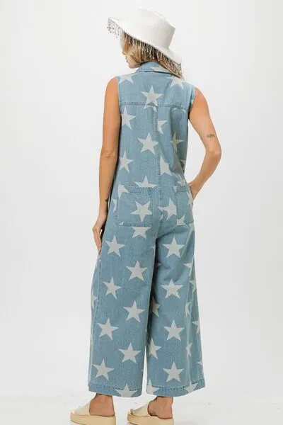 Trendy Star Print Denim Jumpsuit with Half Zip Sleeveless Design
