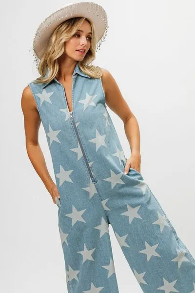 Trendy Star Print Denim Jumpsuit with Half Zip Sleeveless Design