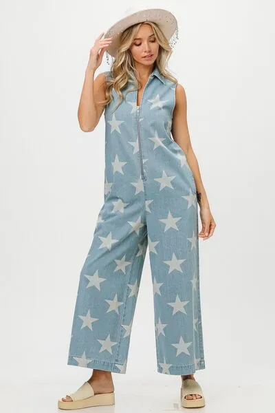 Trendy Star Print Denim Jumpsuit with Half Zip Sleeveless Design