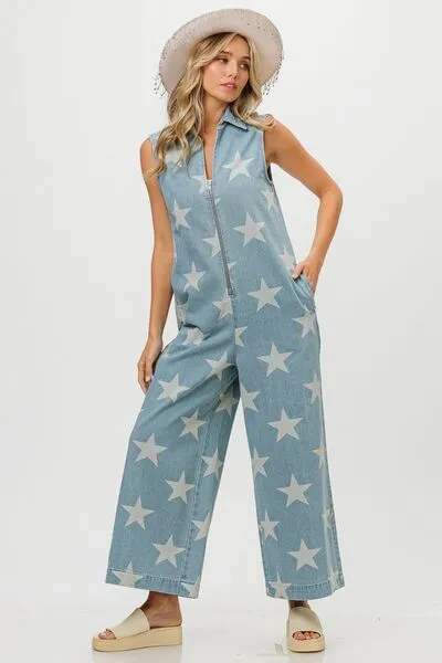 Trendy Star Print Denim Jumpsuit with Half Zip Sleeveless Design