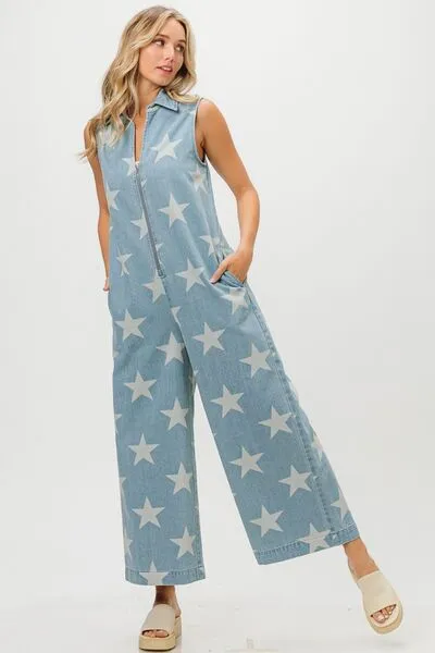 Trendy Star Print Denim Jumpsuit with Half Zip Sleeveless Design