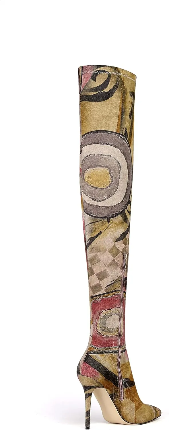 vivianly Women's Sexy Printed Stretchy Thigh High Boots Pointy Toe Stiletto Heel Booties Over The Knee High Heel Boot