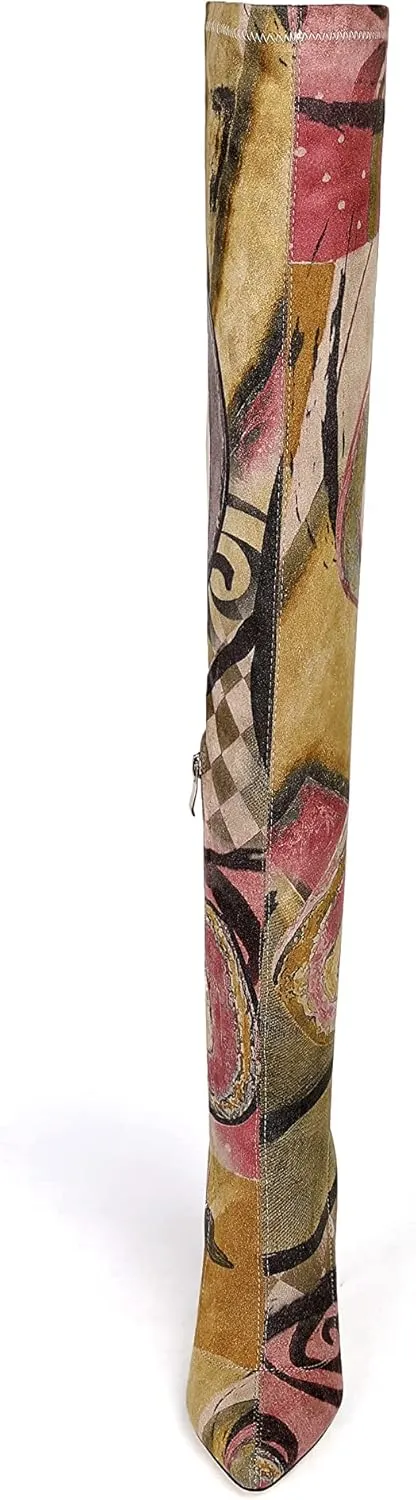 vivianly Women's Sexy Printed Stretchy Thigh High Boots Pointy Toe Stiletto Heel Booties Over The Knee High Heel Boot