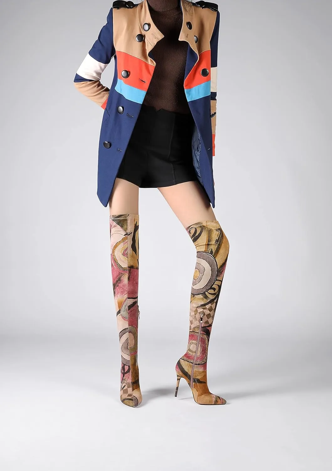 vivianly Women's Sexy Printed Stretchy Thigh High Boots Pointy Toe Stiletto Heel Booties Over The Knee High Heel Boot