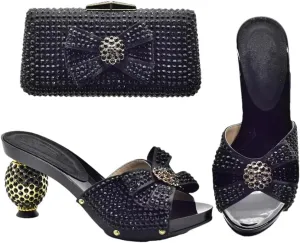 Women African Shoes and Bag Set Elegant Crystal Decorate PU Round High Heel